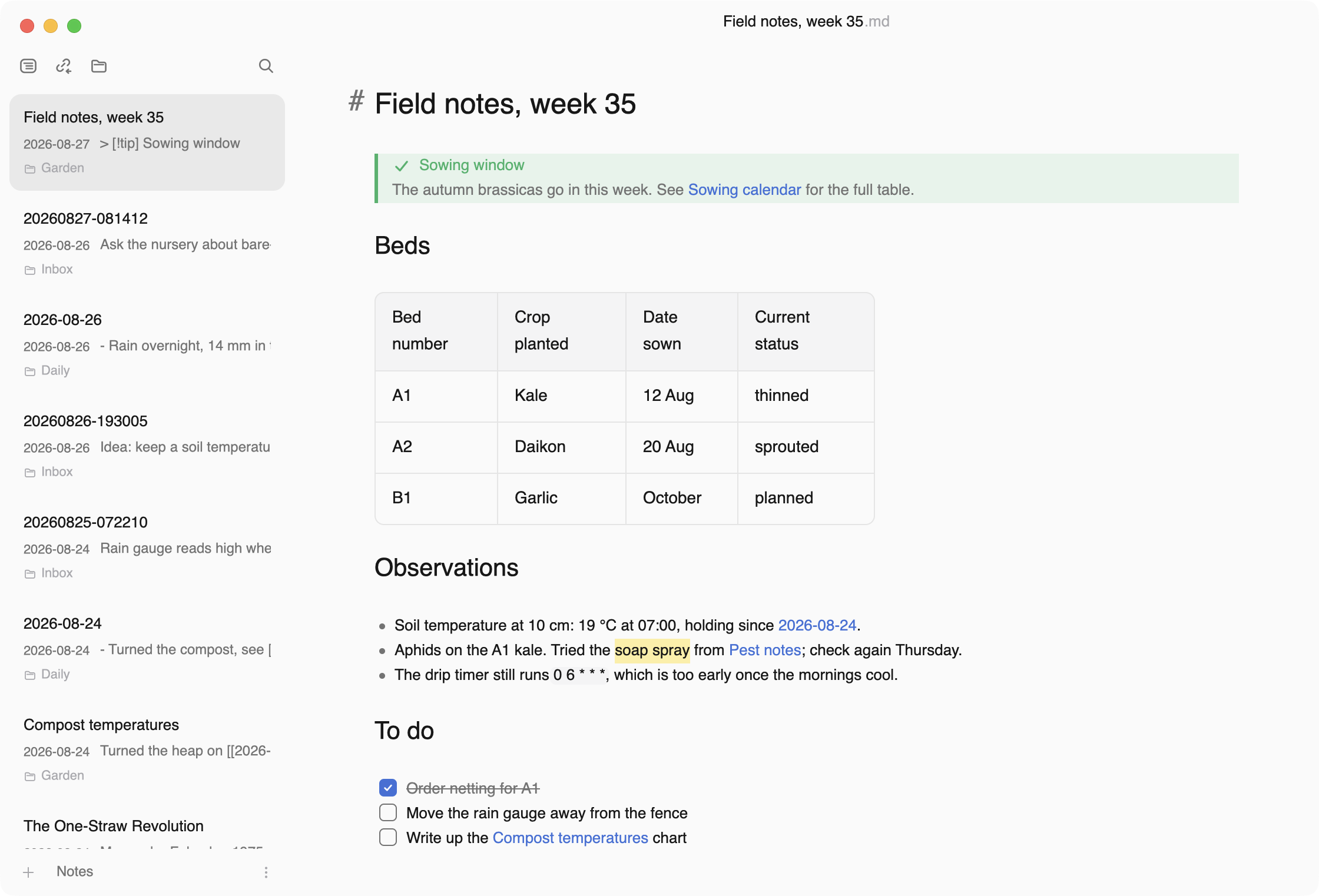 Vorpal showing a garden log note with a callout, a table, wikilinks and a task list, next to the note list